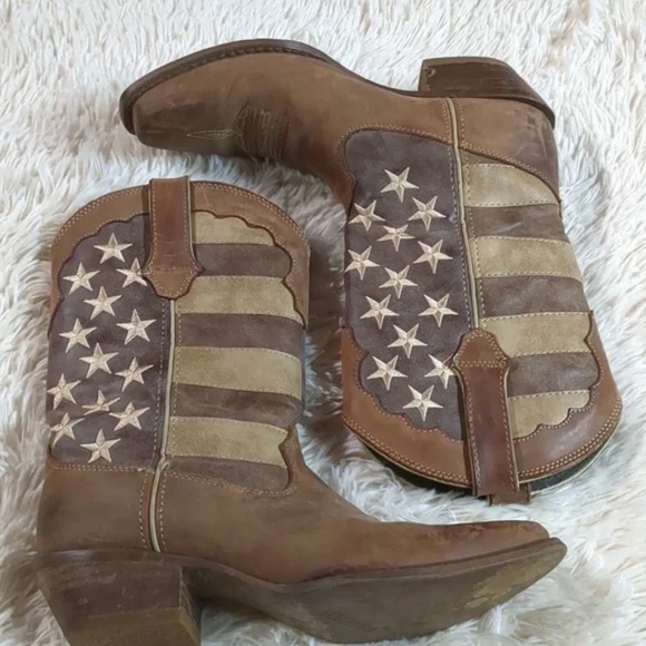 Durango Shoes - Vintage Durango 'Crush' Womens Sz 9 Brown Distressed 12" Flag Cowboy Boots